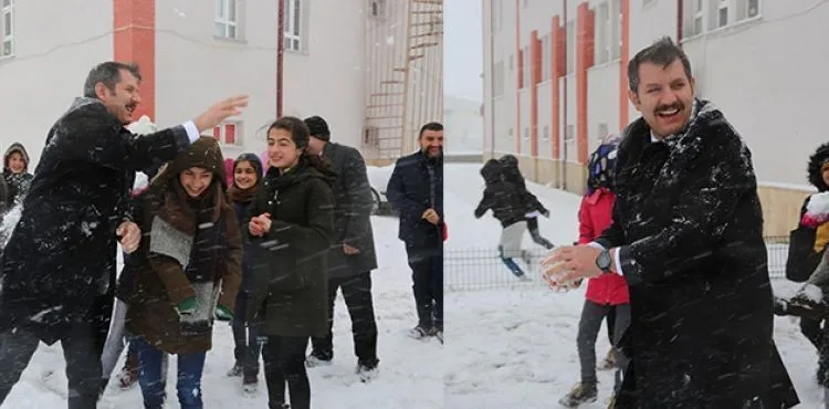 Okulları tatil edip, öğrencilerle kar topu oynadı