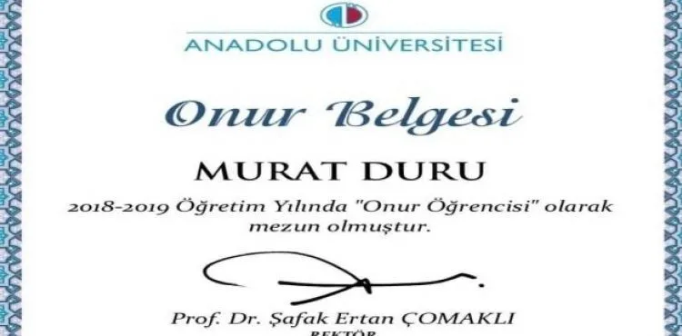 Kaymakam Duru 2. Üniversiteyi Onur Belgesi Alarak Bitirdi