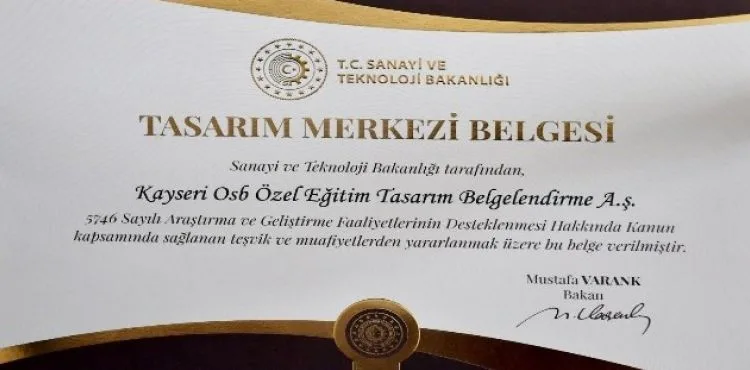 Kayseri OSB Endüstriyel Tasarım Merkezi “Tasarım Merkezi Belgesi” Aldı