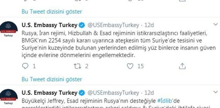 ABD Ankara Büyükelçiliği'nden 'ateşkes' çağrısı