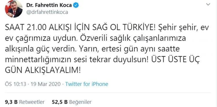 Bakan Koca: Saat 21.00 alkışı için sağ ol Türkiye