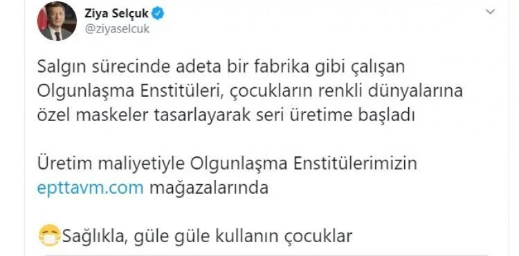 Bakan Selçuk’tan 'çocuklara özel maske' paylaşımı