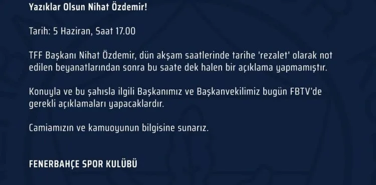 Fenerbahçe'den TFF Başkanı Nihat Özdemir'e tepki