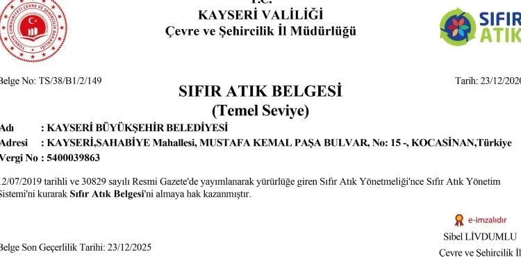 Kayseri Büyükşehir Belediyesi hizmet binasında Sıfır Atık Yönetim Sistemi’ni kurarak, Sıfır Atık Belgesi’ni almaya hak kazandı.