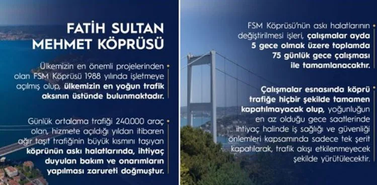 BAKANLIKTAN FSM KÖPRÜSÜ'NDE YAPILACAK ÇALIŞMAYLA İLGİLİ AÇIKLAMA
