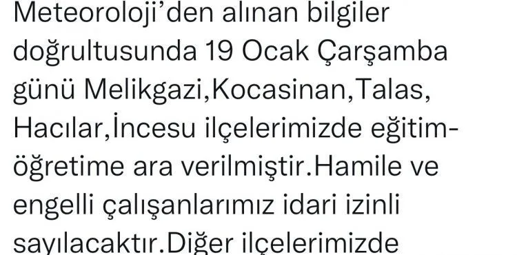 Kayseri’de 5 ilçede eğitime kar engeli