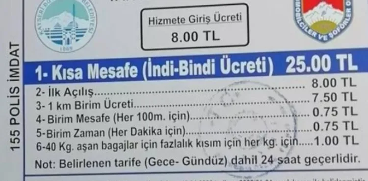 Kayseri’de taksi ücretlerine zam geldi