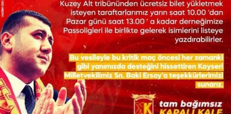 MHP Milletvekili Baki Ersoy’dan Kayserisporlulara bilet jesti
