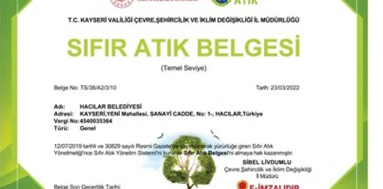 HACILAR BELEDİYESİ SIFIR ATIK BELGESİNİ ALDI