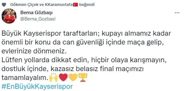 Berna Gözbaşı’dan ‘sükûnet ve can güvenliği’ çağrısı