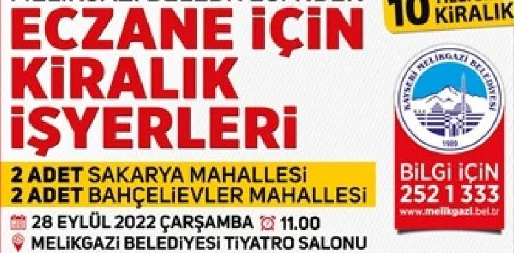 MELİKGAZİ'DEN 4 ADET ECZANE İÇİN İŞYERİ İHALESİ