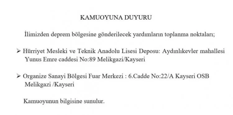 Kayseri Valiliği yardım toplama noktalarını açıkladı
