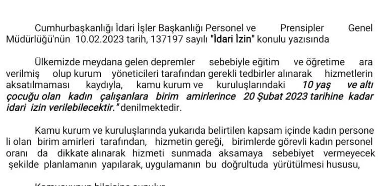 10 yaş ve altı çocuğu olan kadın çalışanlar 20 Şubat'a kadar izin kullanabilecek