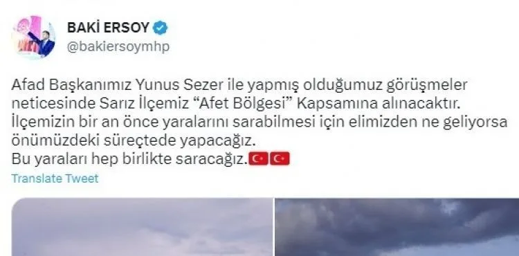 Sarız, ‘Afet bölgesi’ kapsamına alınıyor