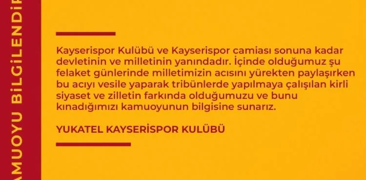 Kayserispor’dan tribünlerden ‘hükümet’ aleyhinde atılan tezahüratlara kınama