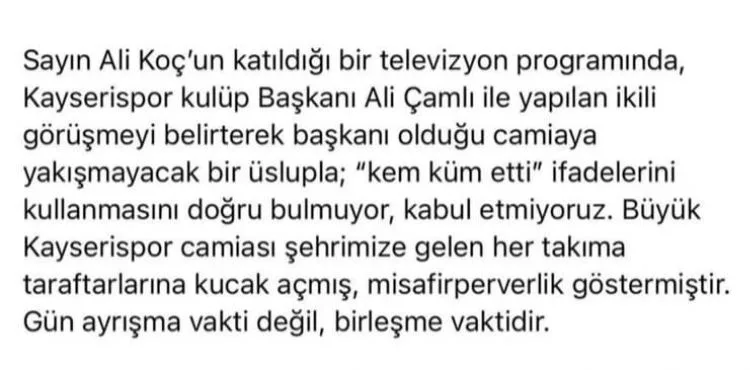 Kayseri Kapalı Kale taraflarından Ali Koç’a tepki