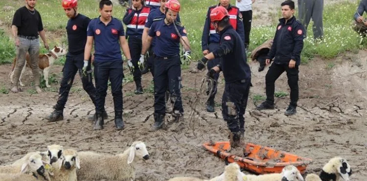 BÜYÜKŞEHİR İTFAİYESİ’NDEN BATAKLIKTA 2 SAATLİK KOYUN KURTARMA OPERASYONU