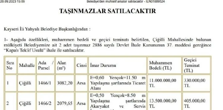 Yahyalı'da 2 taşınmaz ihale ile satılacak