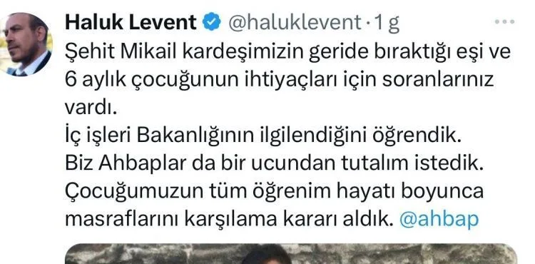 AHBAP Derneği Şehit Mikail Bozlağan’ın çocuğunun eğitim masraflarını üstlendi