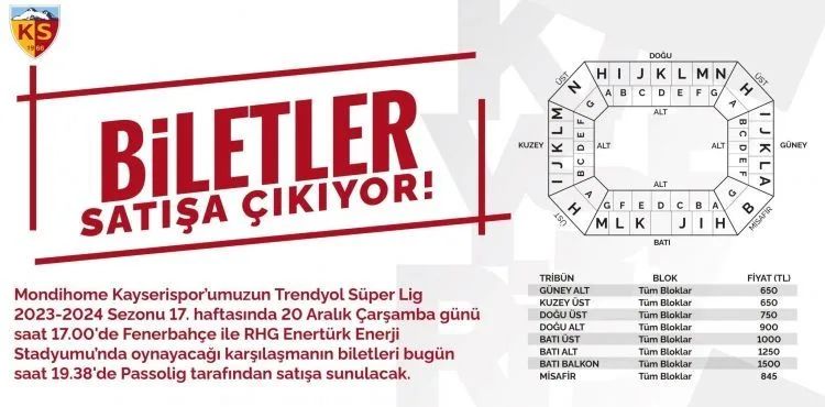 Kayserispor – Fenerbahçe maç biletleri satışa çıktı