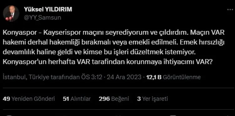 Samsunspor Başkanı Yıldırım'dan Kayserispor’un golünün iptaline tepki