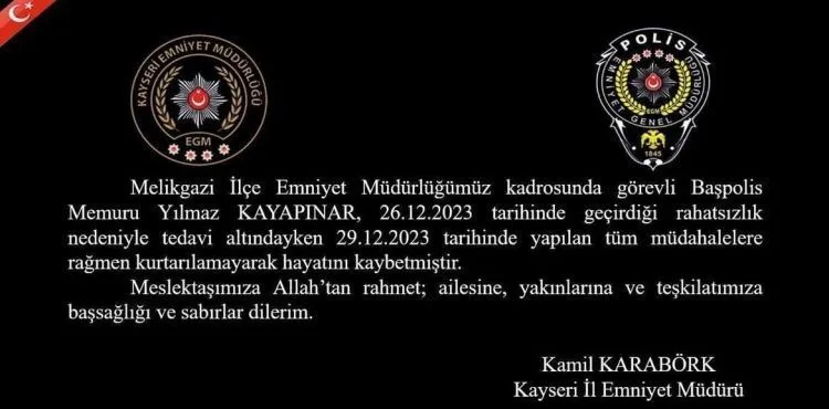 Hayatını kaybeden Başpolis memuru Kayapınar defnedildi