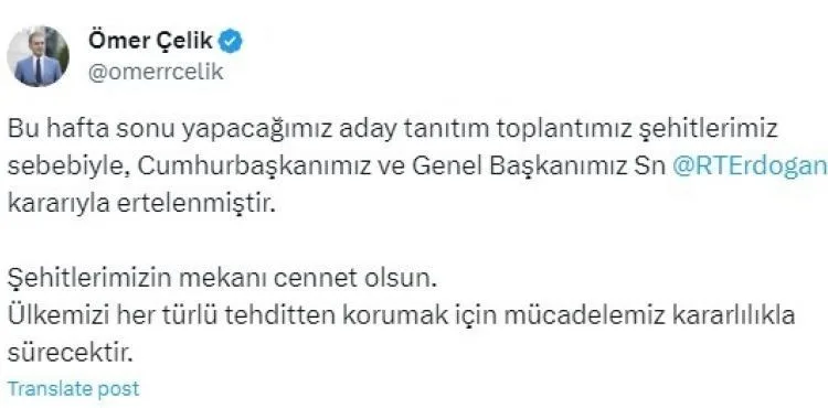 AK Parti’nin aday tanıtım toplantısı ertelendi