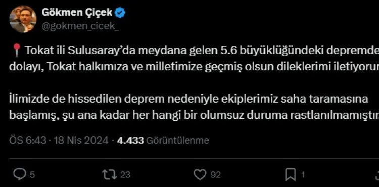 Vali Çiçek, “İlimizde de hissedilen deprem nedeniyle saha taraması başladı, olumsuzluk yok”