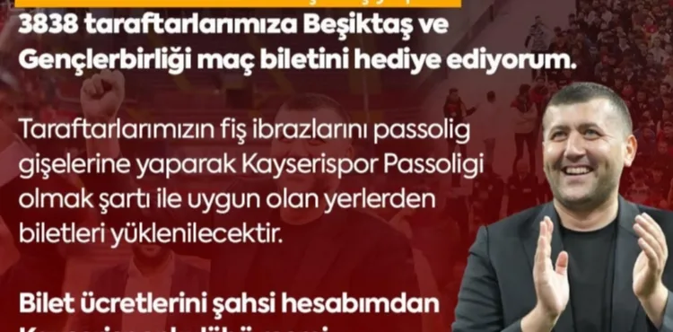 MHP Kayseri Milletvekili Baki Ersoy’dan Kayserispor Taraftarına 3838 Bilet Hediyesi
