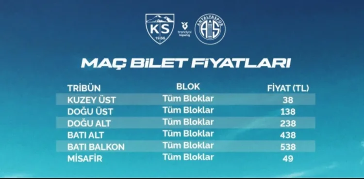 Kayserispor, Antalyaspor maçının bilet fiyatları açıklandı