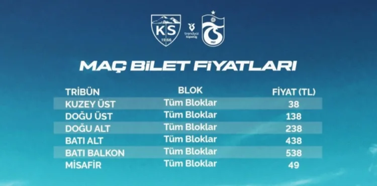 Kayserispor, Trabsonspor maçı bilet fiyatlarını açıkladı