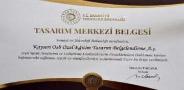 Kayseri OSB Endstriyel Tasarm Merkezi Tasarm Merkezi Belgesi Ald