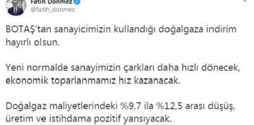 Bakan Dnmez: Sanayicimizin kulland doalgaza indirim, hayrl olsun