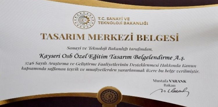 Kayseri OSB Endüstriyel Tasarım Merkezi “Tasarım Merkezi Belgesi” Aldı