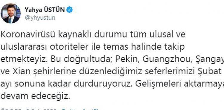 THY, Şubat ayı sonuna kadar Çin seferlerini durdurdu