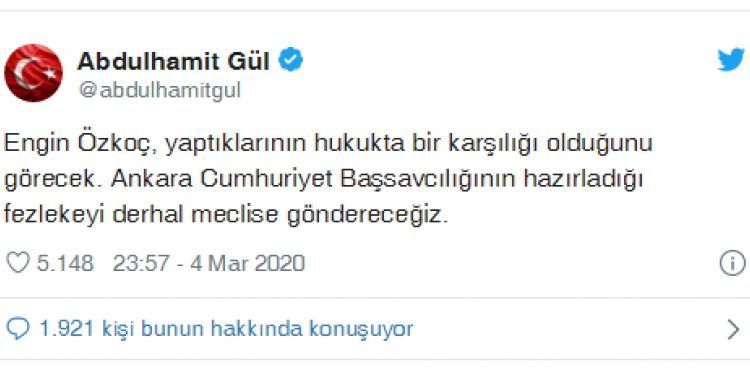 Adalet Bakanı Gül: Özkoç hakkındaki fezlekeyi derhal Meclis'e göndereceğiz