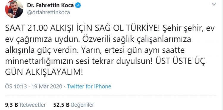 Bakan Koca: Saat 21.00 alkışı için sağ ol Türkiye