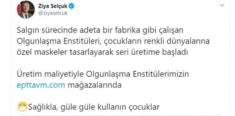 Bakan Selçuk’tan 'çocuklara özel maske' paylaşımı