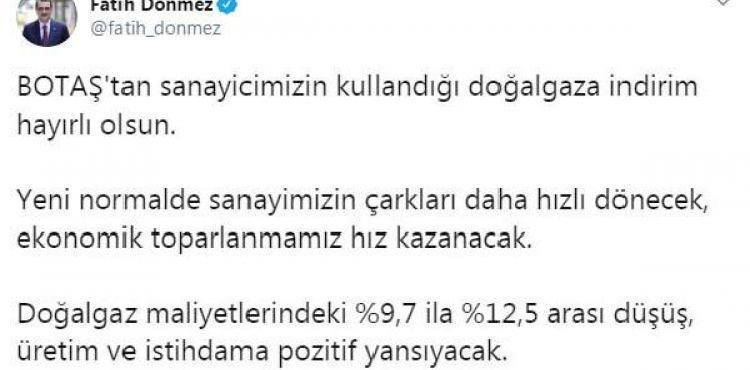 Bakan Dnmez: Sanayicimizin kulland doalgaza indirim, hayrl olsun