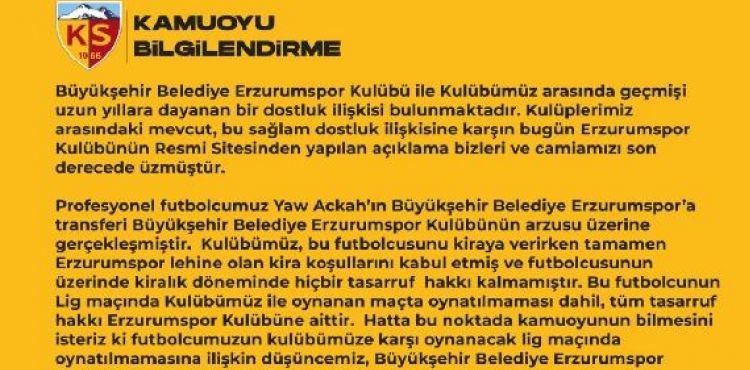 Kayserispor, B.B. Erzurumspor’un şaibe iddiasına yanıt verdi