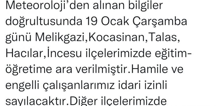 Kayseri’de 5 ilçede eğitime kar engeli