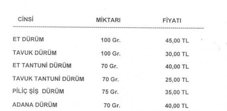Dürüm fiyatları güncellendi