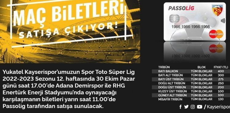 Kayserispor - Adana Demirspor maç biletleri yarın satışa çıkacak