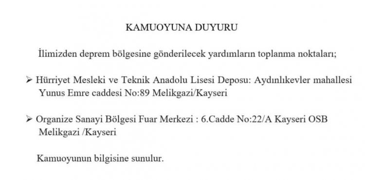 Kayseri Valiliği yardım toplama noktalarını açıkladı