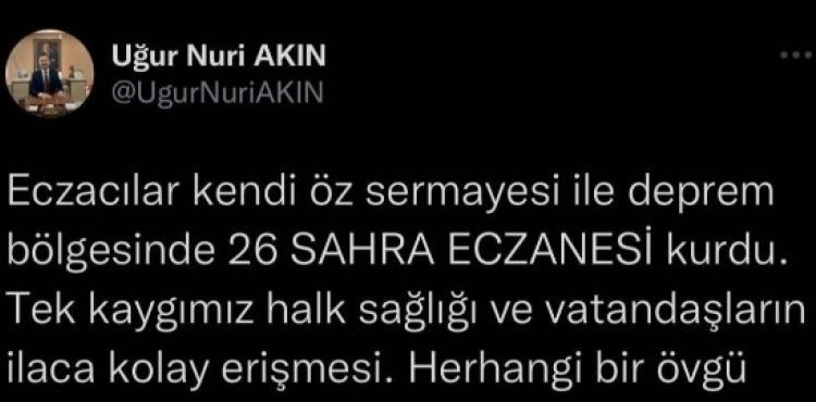 Eczacılardan deprem bölgesinde 26 Sahra Eczanesi