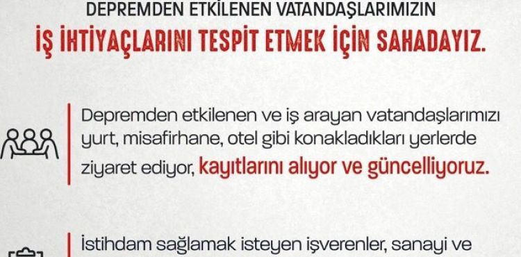 İşkur: Depremden etkilenen vatandaşlarımızın iş ihtiyaçlarını tespit etmek için sahadayız