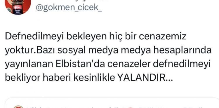 Vali iek: Elbistan'da 'cenazeler defnedilmeyi bekliyor' haberi kesinlikle yalandr