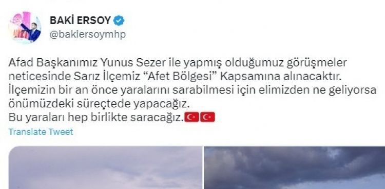 Sarız, ‘Afet bölgesi’ kapsamına alınıyor