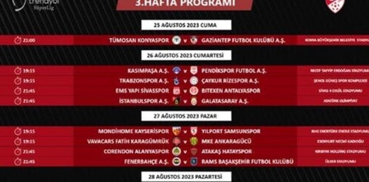 Süper Ligin 3 ve 4’üncü hafta programı yayınlandı