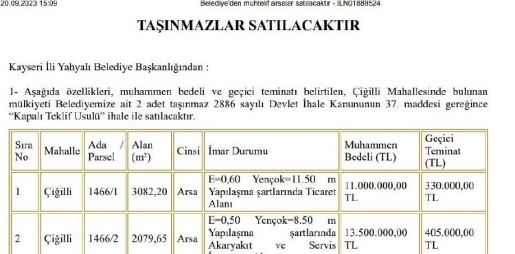 Yahyalı'da 2 taşınmaz ihale ile satılacak